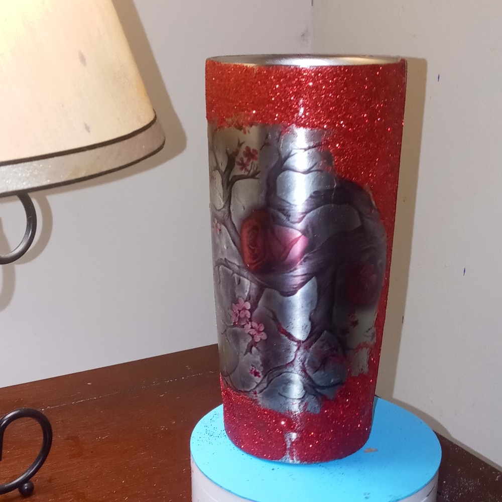 Custom handmade tumbler made by Carrie glitter red tattoo added